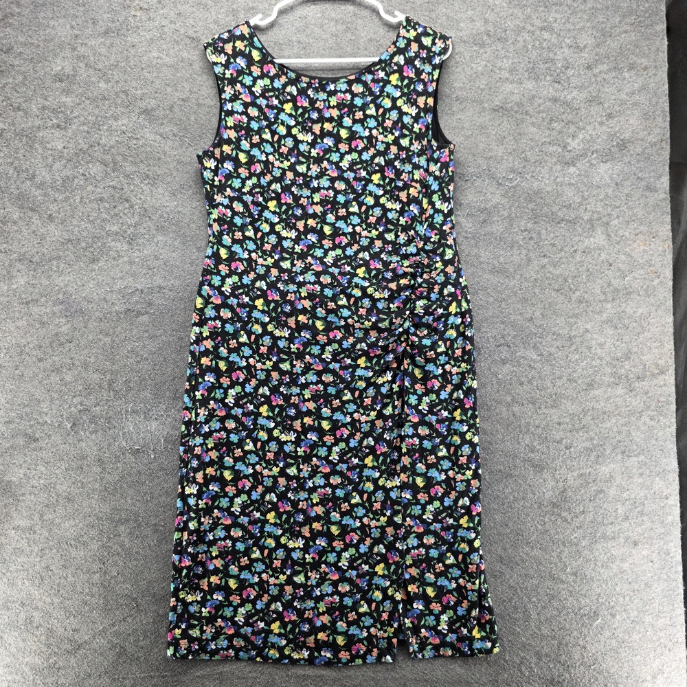 Talbots Dress Womens M Multicolor Floral Midi Sheath Sleeveless Ruched Jersey